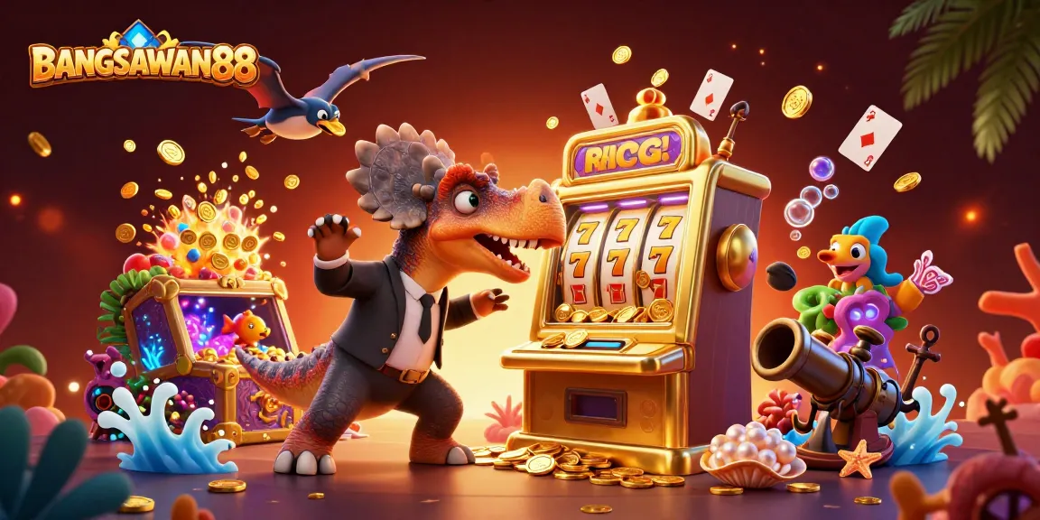 BANGSAWAN88 inspires excitement as a pachycephalosaurus triumphs at a golden slot machine amidst golden jackpots.