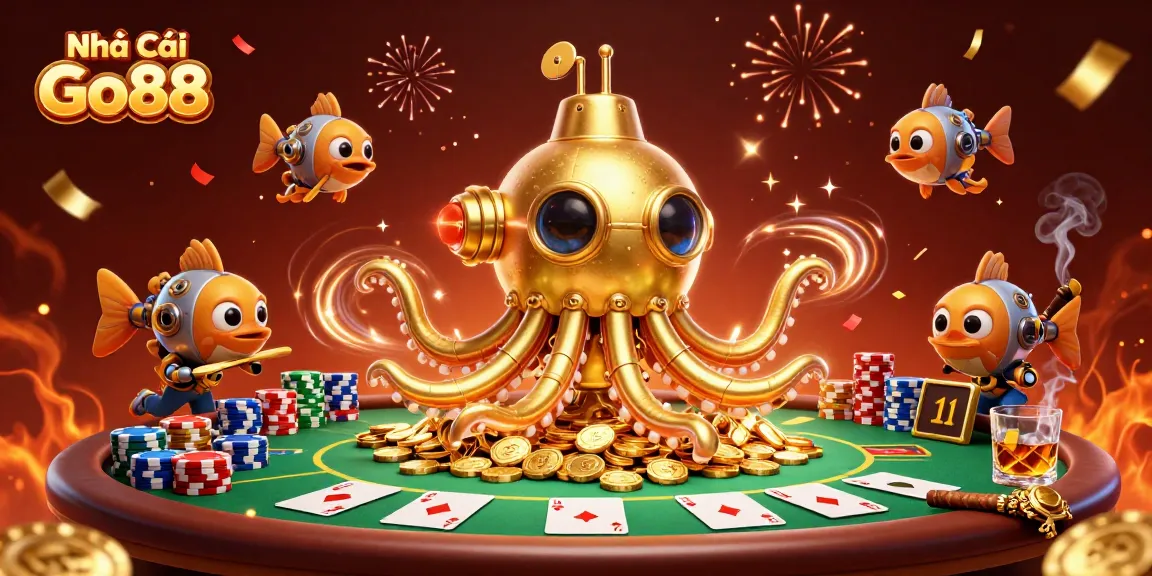 Experience the thrill of Nhà Cái Go88 with vibrant casino elements and a golden kraken submarine.
