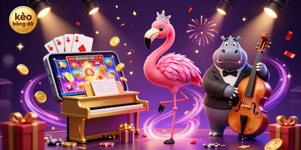 Engage in kèo bóng đá with a vibrant scene featuring a flamingo singer and hippo bassist amid casino elements.