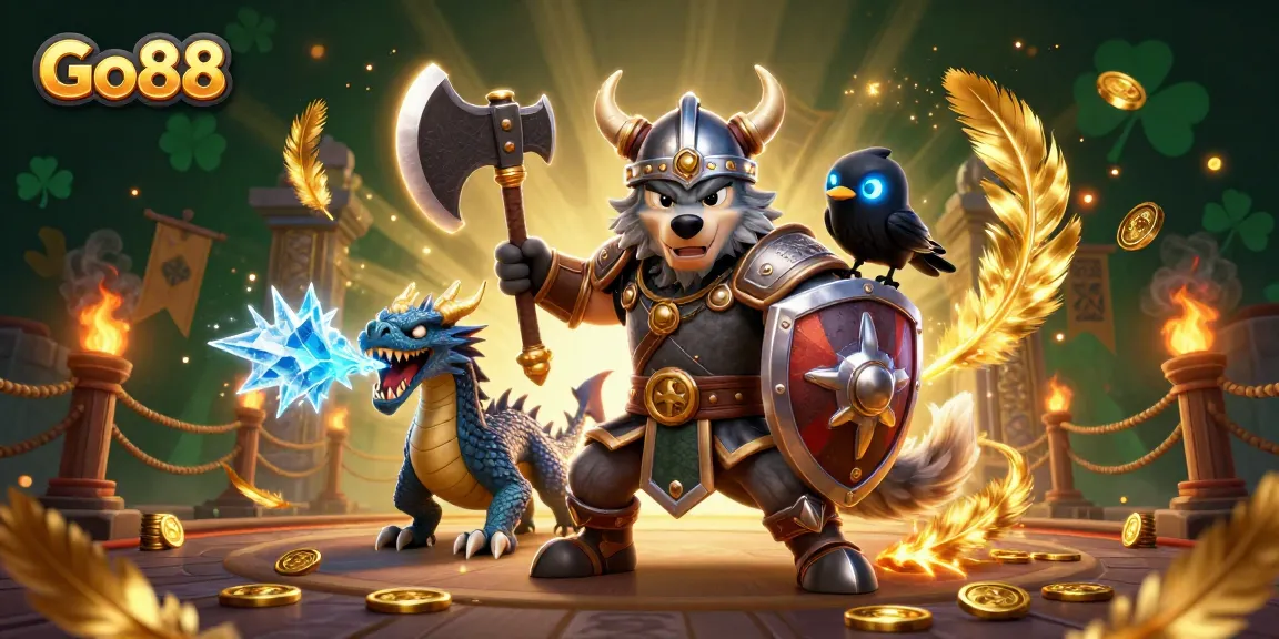 Join the Viking wolf warrior in an exciting Go88 casino battle surrounded by golden coins and dragon effects.