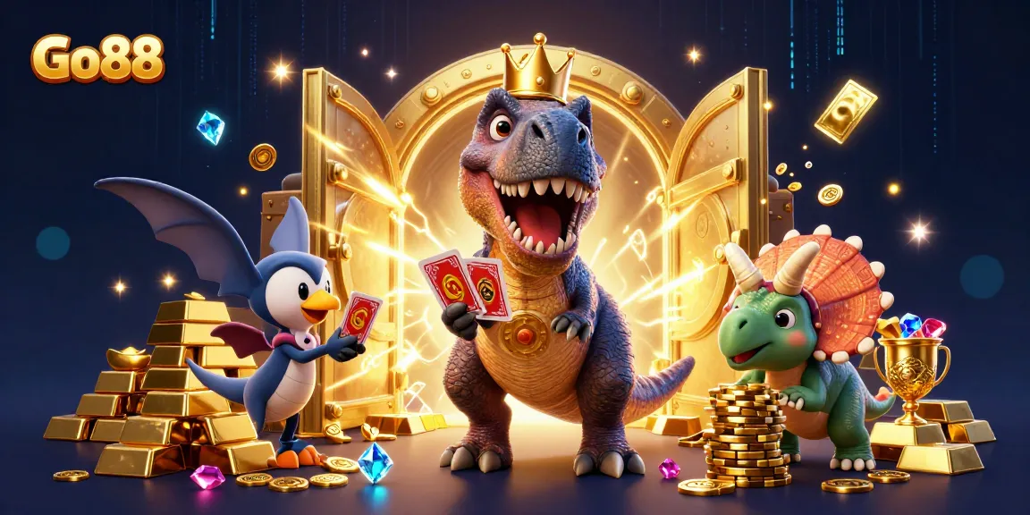 Go88 players enjoy card games with a fun dinosaur theme in a vibrant 3D casino illustration.