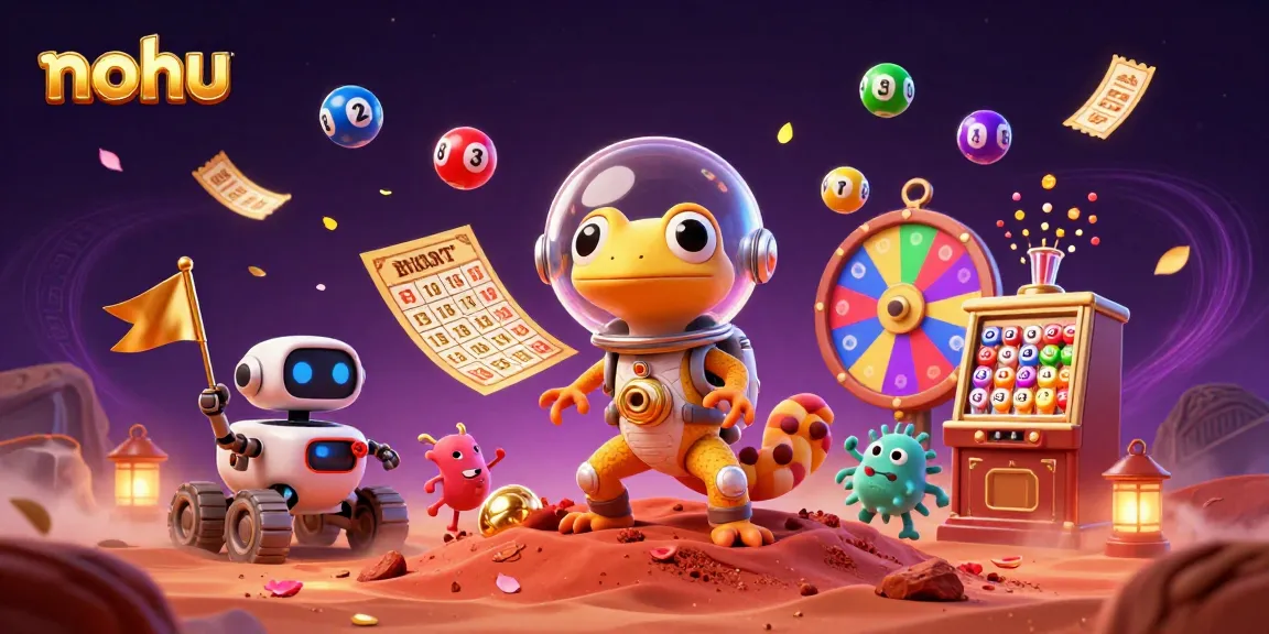 Nohu casino scene featuring Martian gecko discovering golden treasures with dynamic prize elements