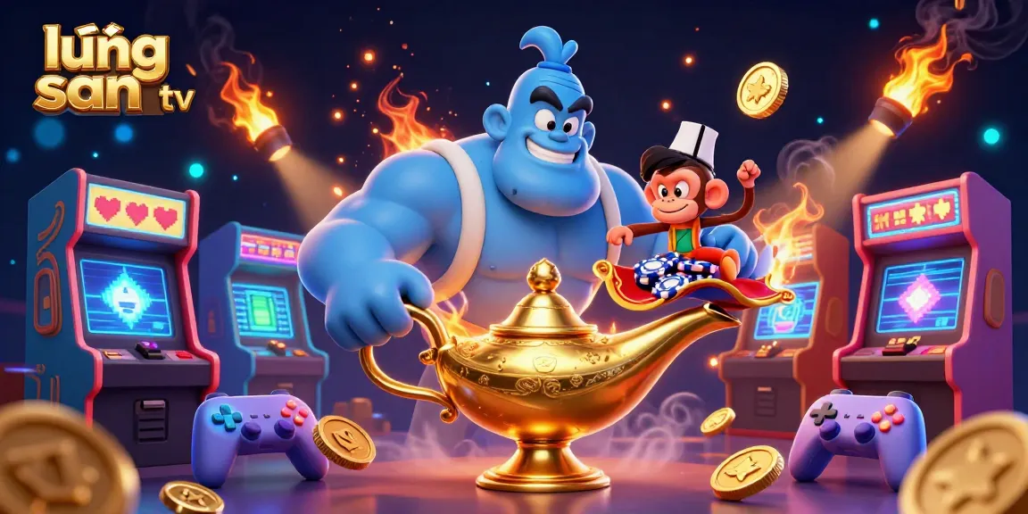 Experience thrilling action with lương sơn tv as a bustling scene unfolds featuring a genie, poker chips, and enchanted game elements.