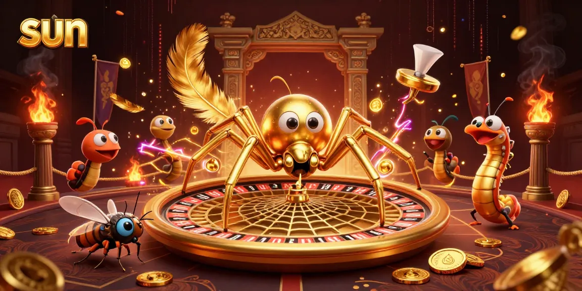 Sun-themed 3D illustration of a spider spinning a roulette web, highlighting gambling excitement.