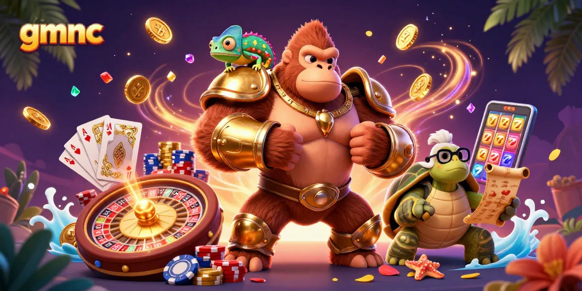 Spin the reels with gmnc as a mighty gorilla king and colorful casino elements surround the scene.