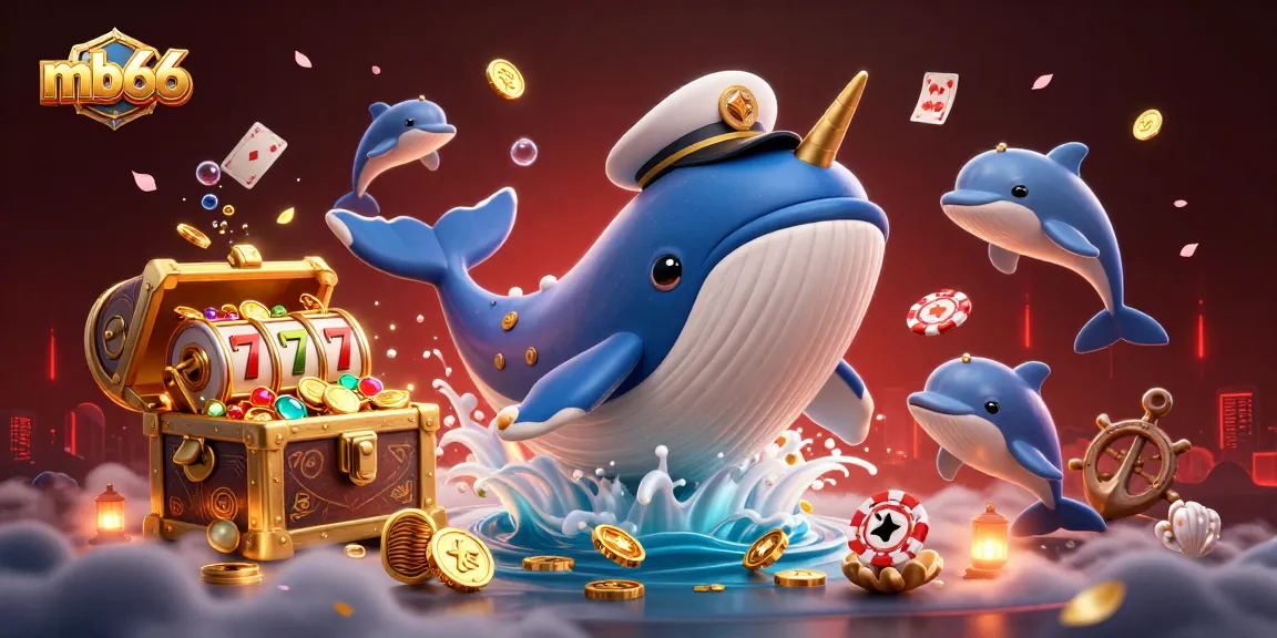 Play to win at mb66 with a 3D cartoon whale bursting through a sea of coins.