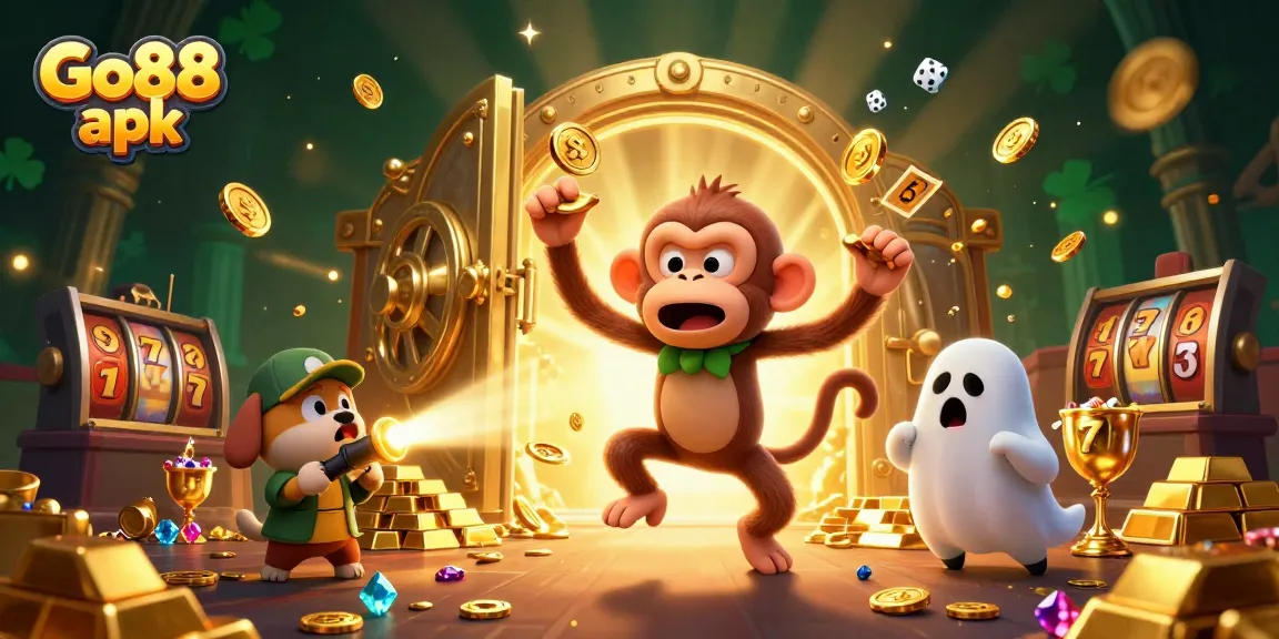 Exciting Go88 apk illustration featuring a playful monkey and adventurous puppy in a vibrant casino scene.